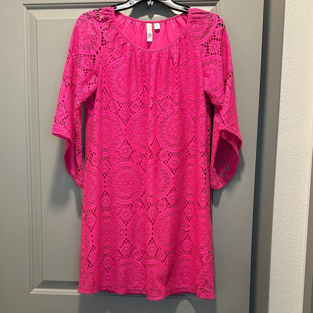 Tacera Fuchsia Lace Long Sleeve Dress